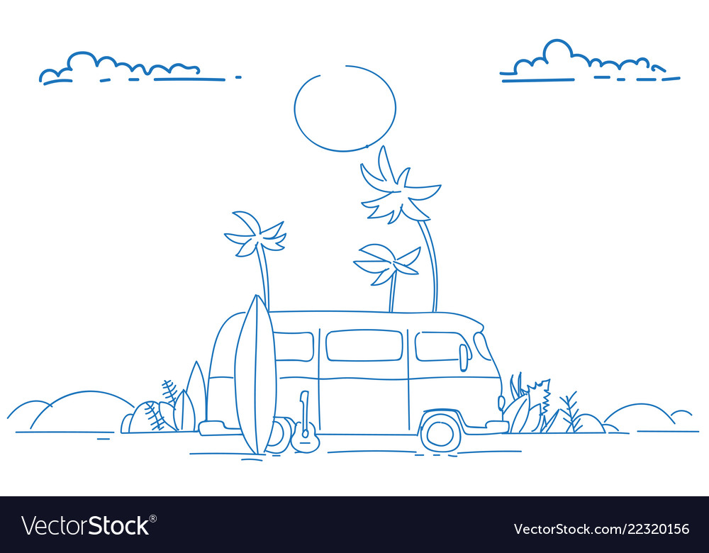 Surf bus sunset tropical beach retro surfing vector image Surf bus sunset tropical beach retro surfing