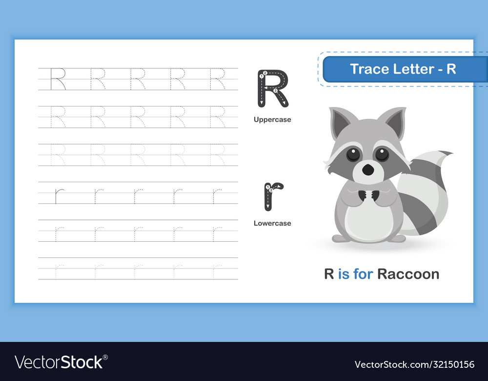 Trace letter-r a-z animal hand writing practice Vector Image