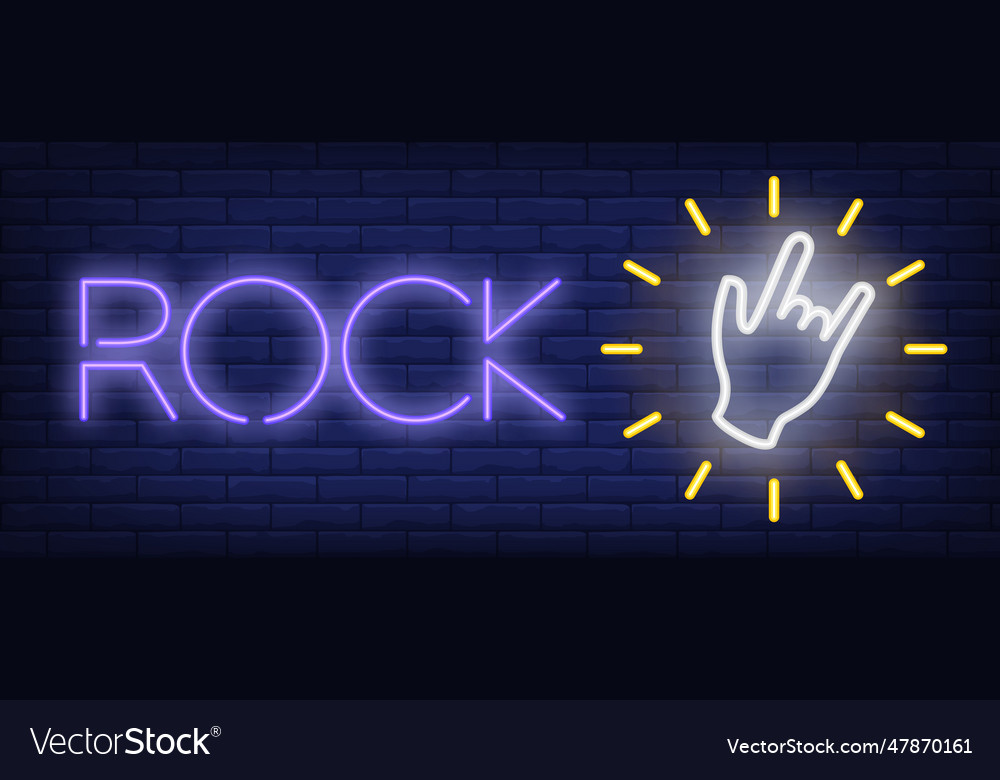 Rock neon text with hand gesture Royalty Free Vector Image