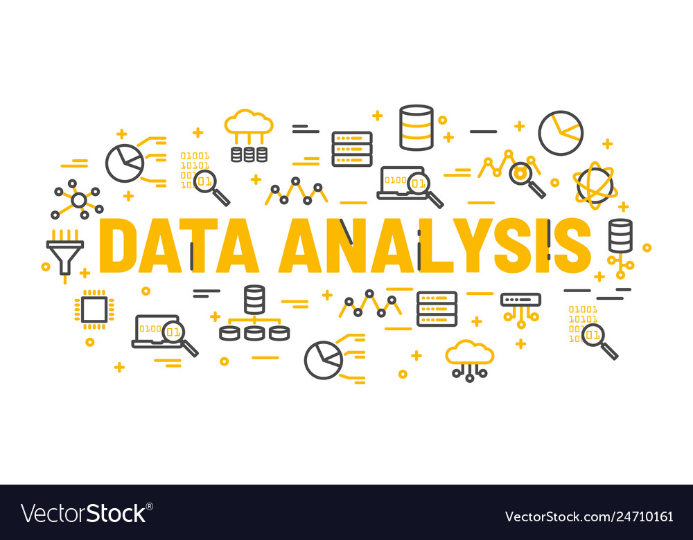 Words data analysis surrounded by icons Royalty Free Vector