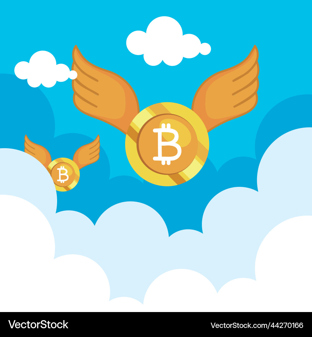 Bitcoins flying in the sky Royalty Free Vector Image