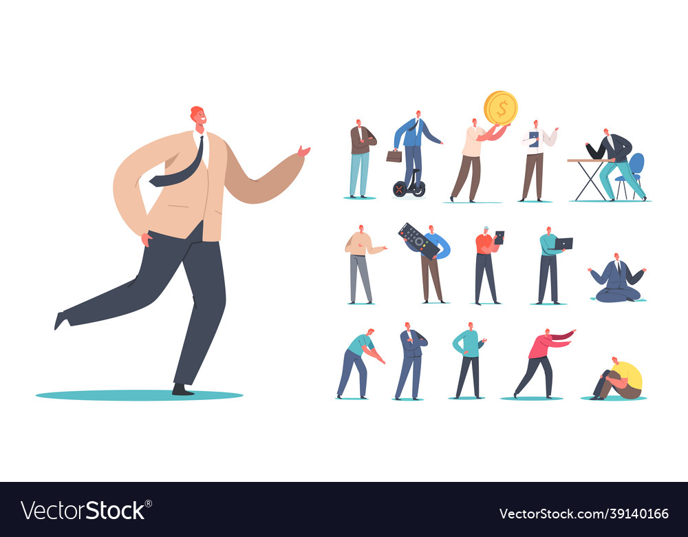 Set of male characters businessman hurry at work Vector Image