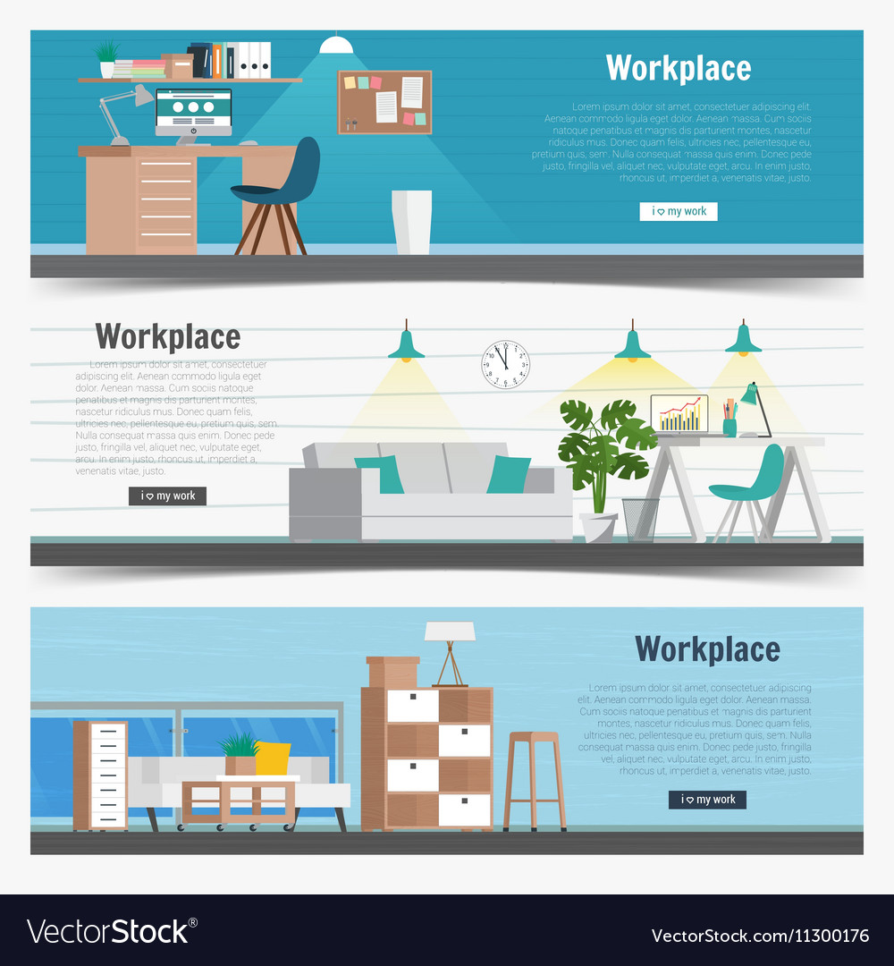 Web Banner Set Office Workplace Interior Design Vector Image