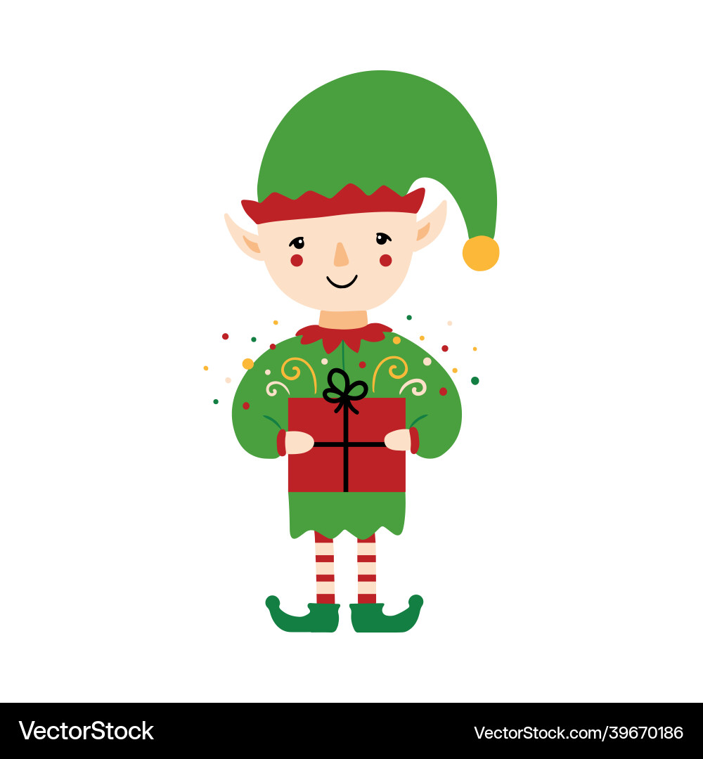Christmas elf character holding gift present Vector Image