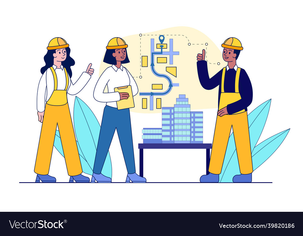 Workers at construction plan Royalty Free Vector Image