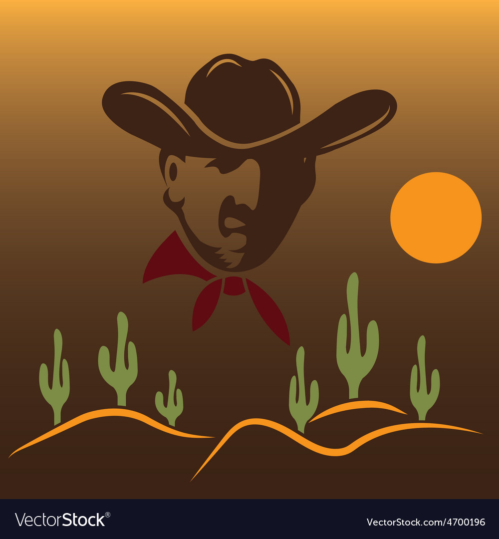 Cowboy on the background of desert with cactus