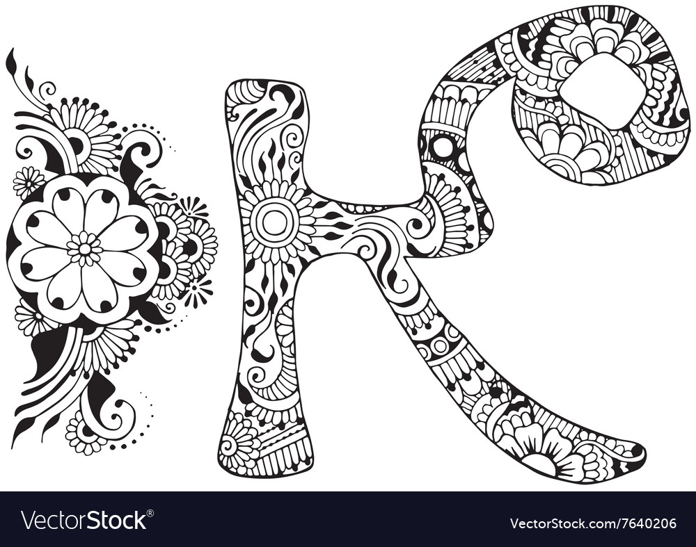 Letter K with Mehndi flower. decorative ornament in ethnic oriental.  outline hand-draw vector illustration. 5238946 Vector Art at Vecteezy