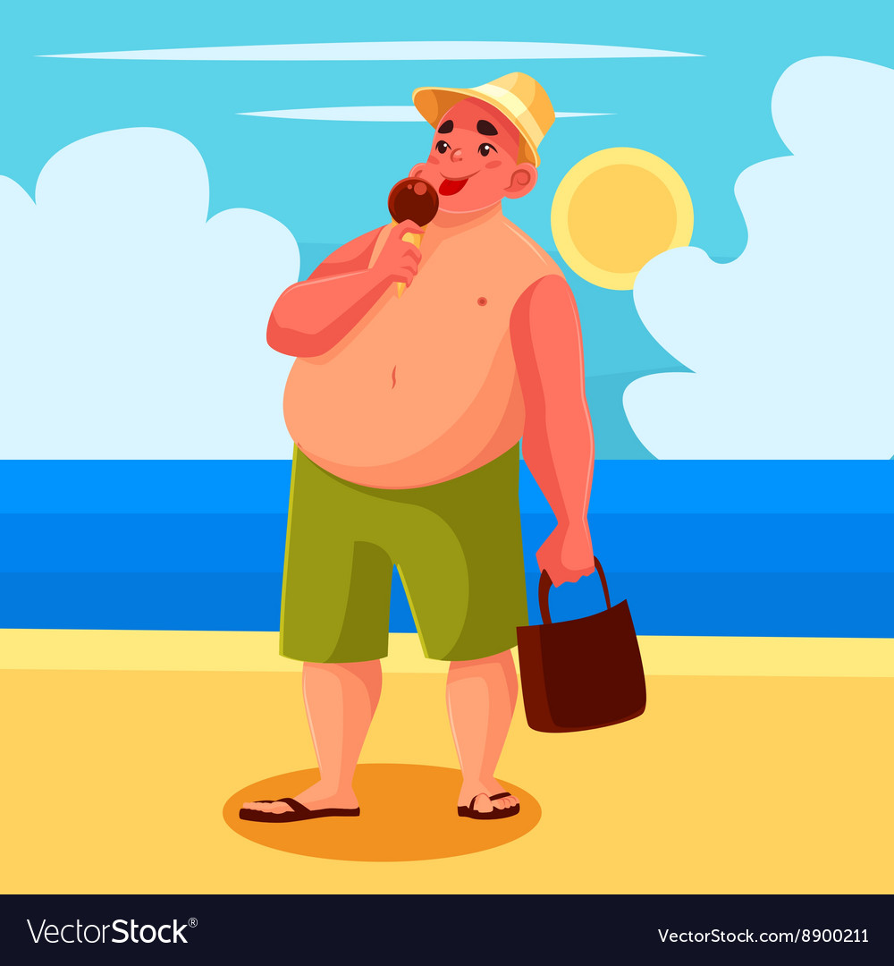 Fat Man Eating Ice Cream On Beach Royalty Free Vector Image