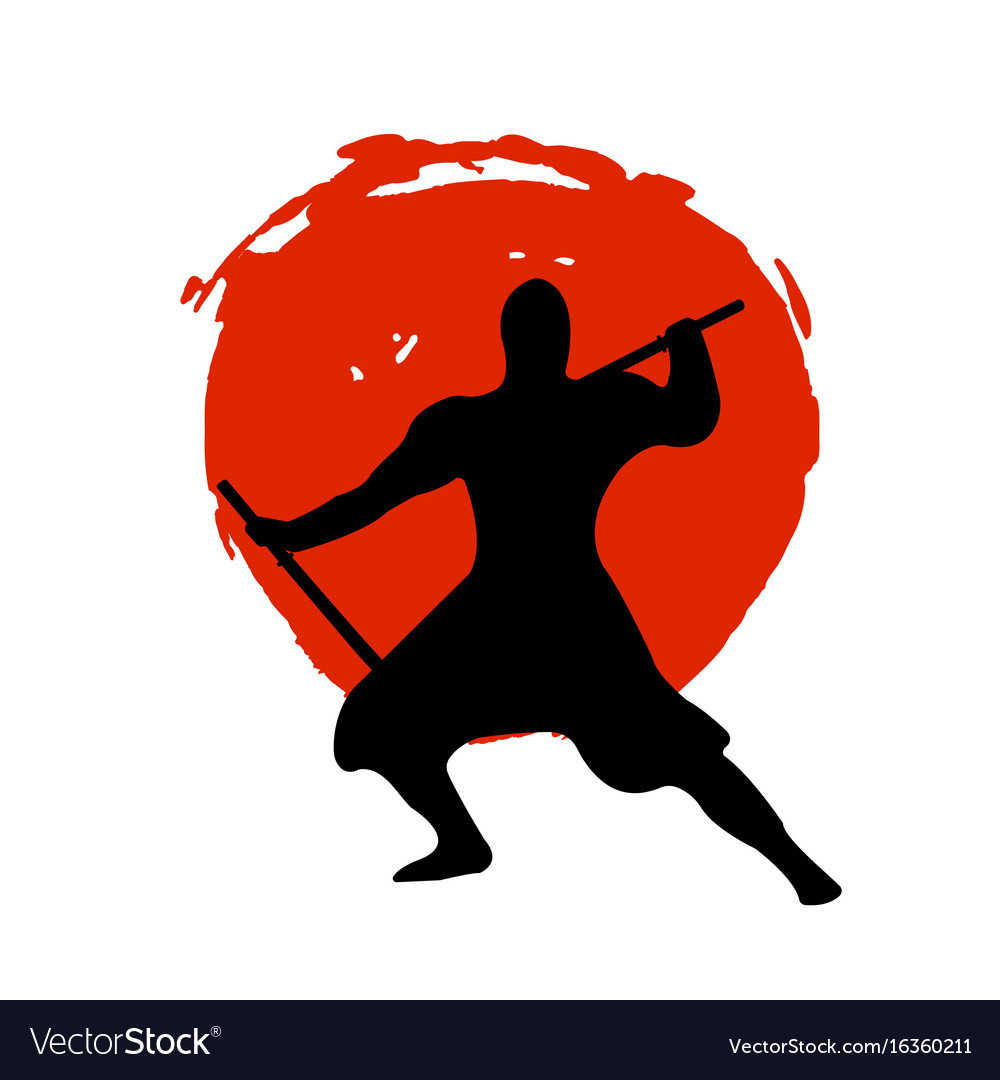 Ninja warrior silhouette on red moon and white