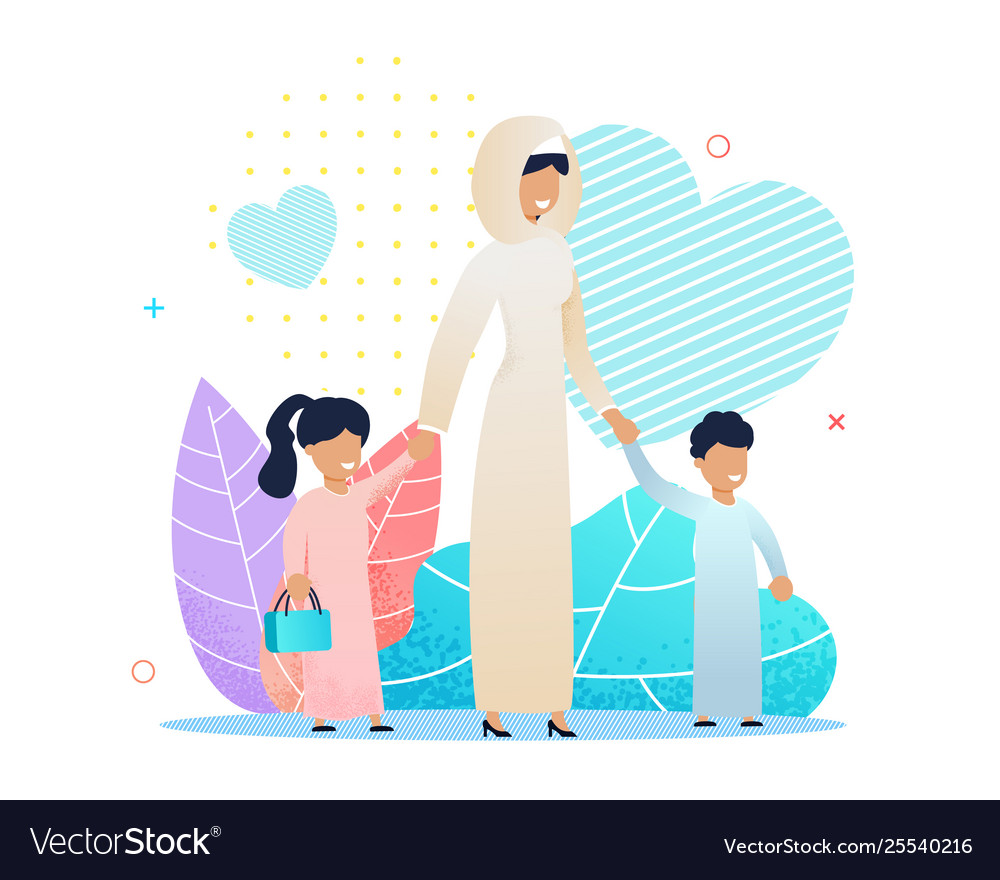 Arabian mother walking with diverse kids cartoon Vector Image Arabian mother walking with diverse kids cartoon Vector Image