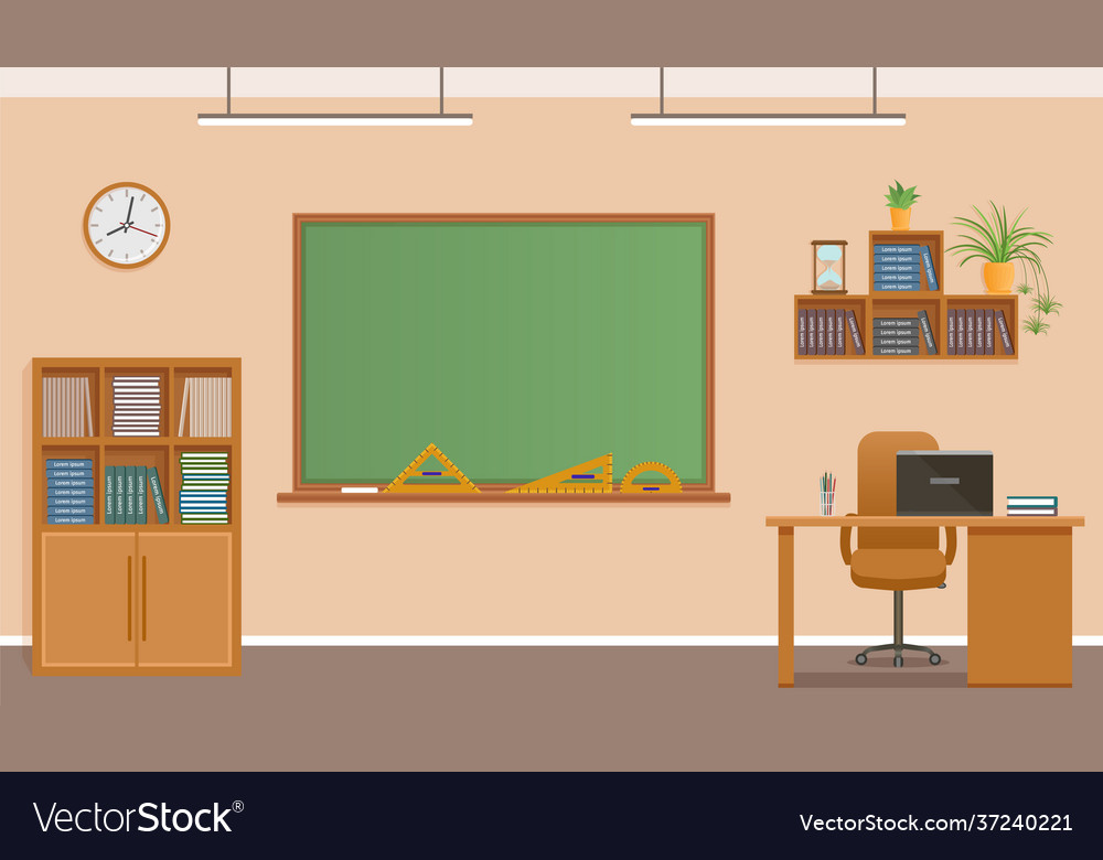 School classroom with chalkboard clock Royalty Free Vector