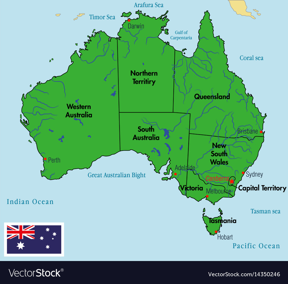 Capital Of Australia On Map Australia Map With Regions And Their Capitals Vector Image