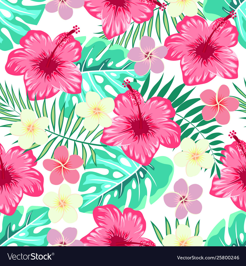 Pattern hibiscus and tropical leaves vector image Pattern hibiscus and tropical leaves