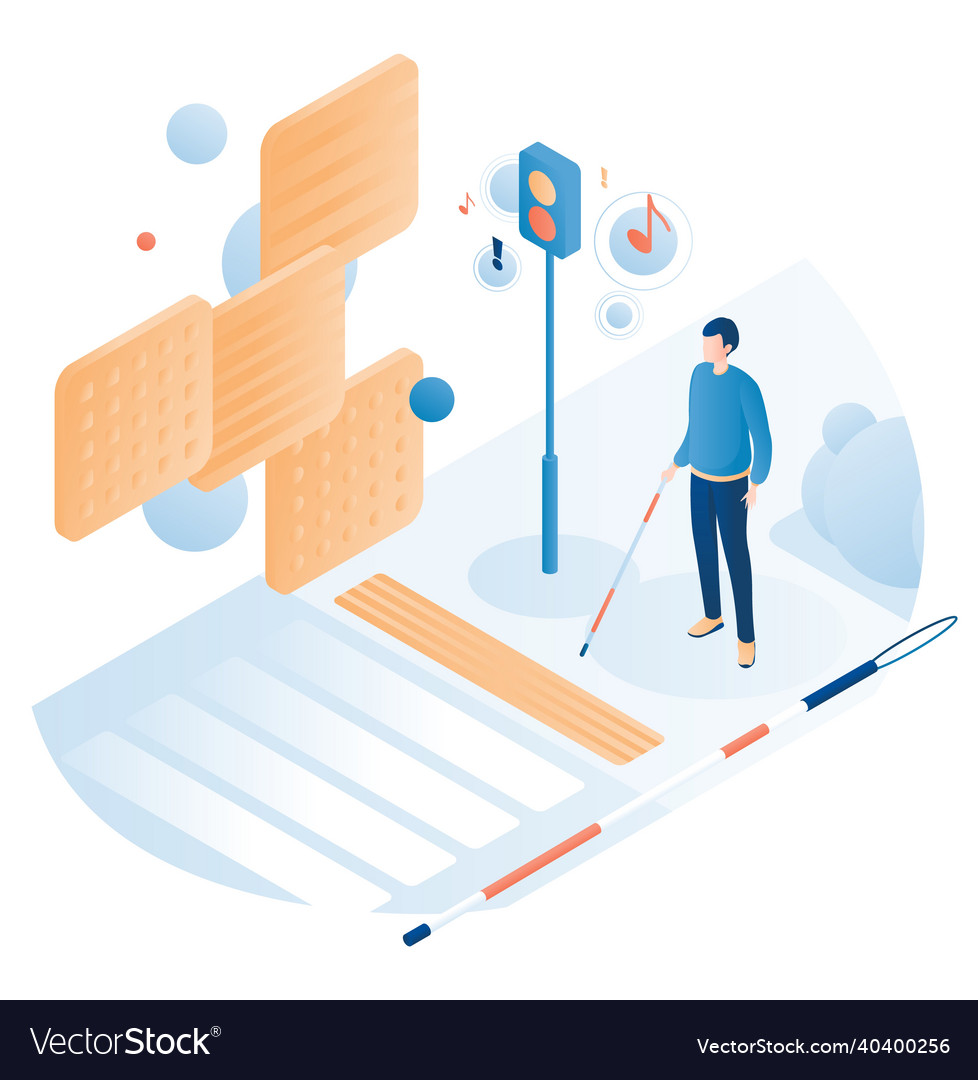 Blind man crossing road at crosswalk with tactile Vector Image