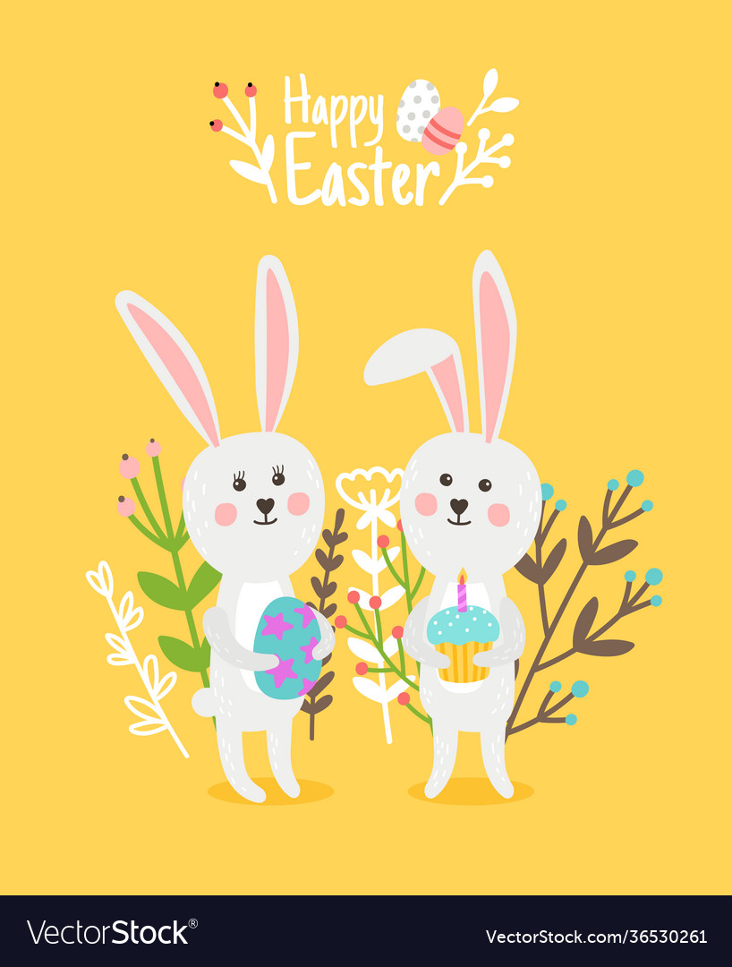 Cute happy rabbits easter card vector image Cute happy rabbits easter card