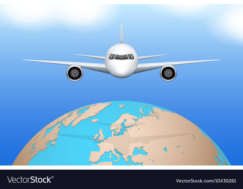 Plane flies over globe Royalty Free Vector Image