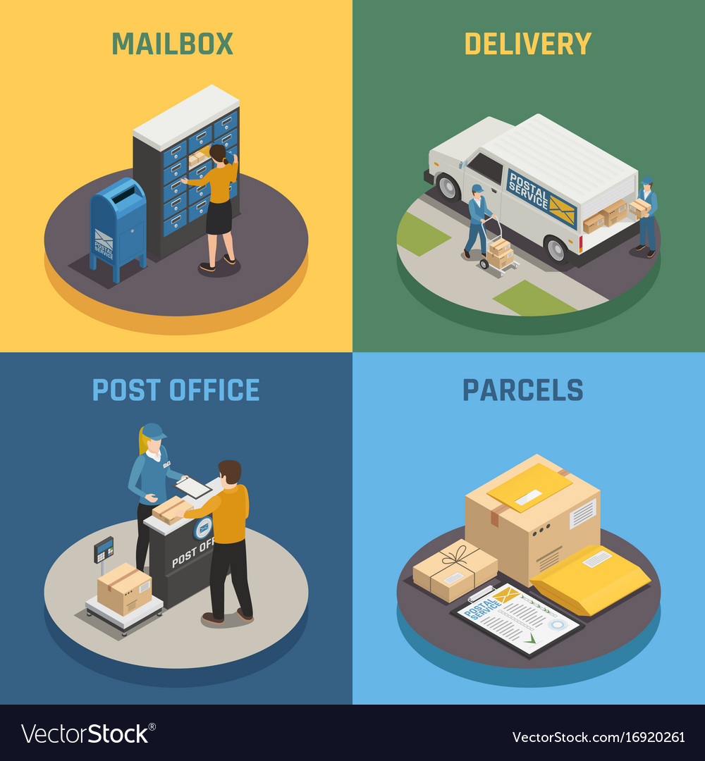 Postal service isometric icons square