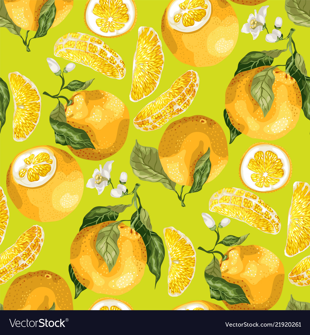 Seamless pattern with orange fruits and slices