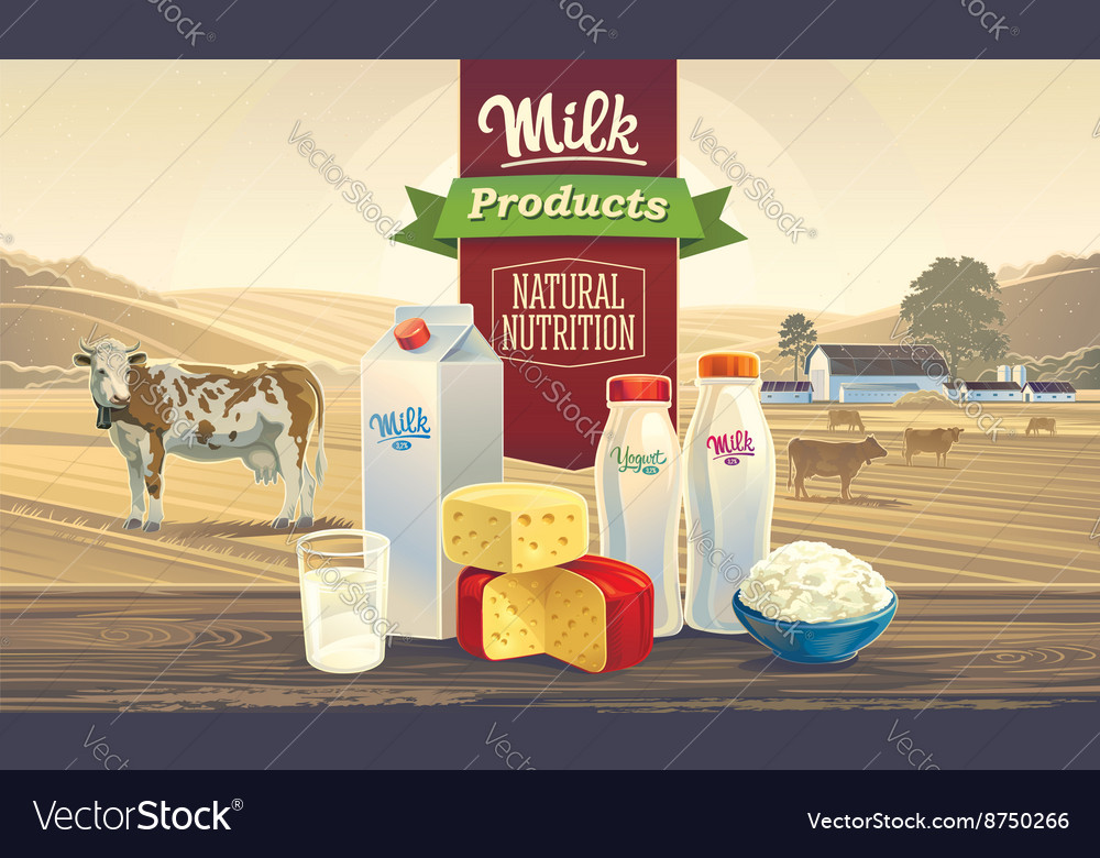 Farming landscape with dairy products Royalty Free Vector