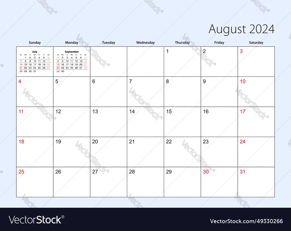 Wall calendar planner for august 2024 english Vector Image