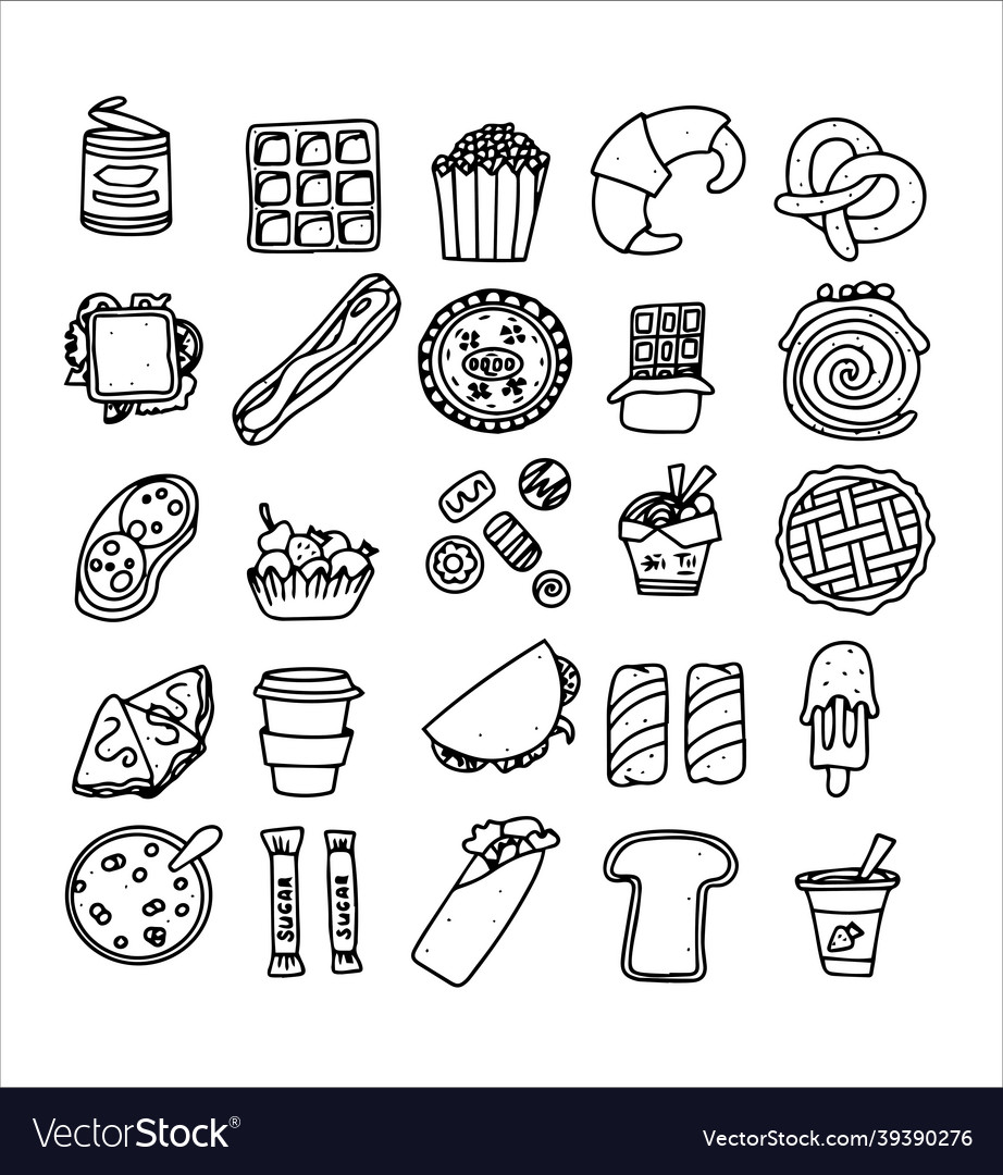 Doodle food set of fast-food products hand-drawn Vector Image