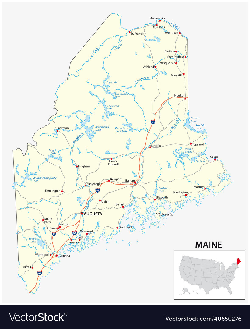 Road map of the us american state maine Royalty Free Vector