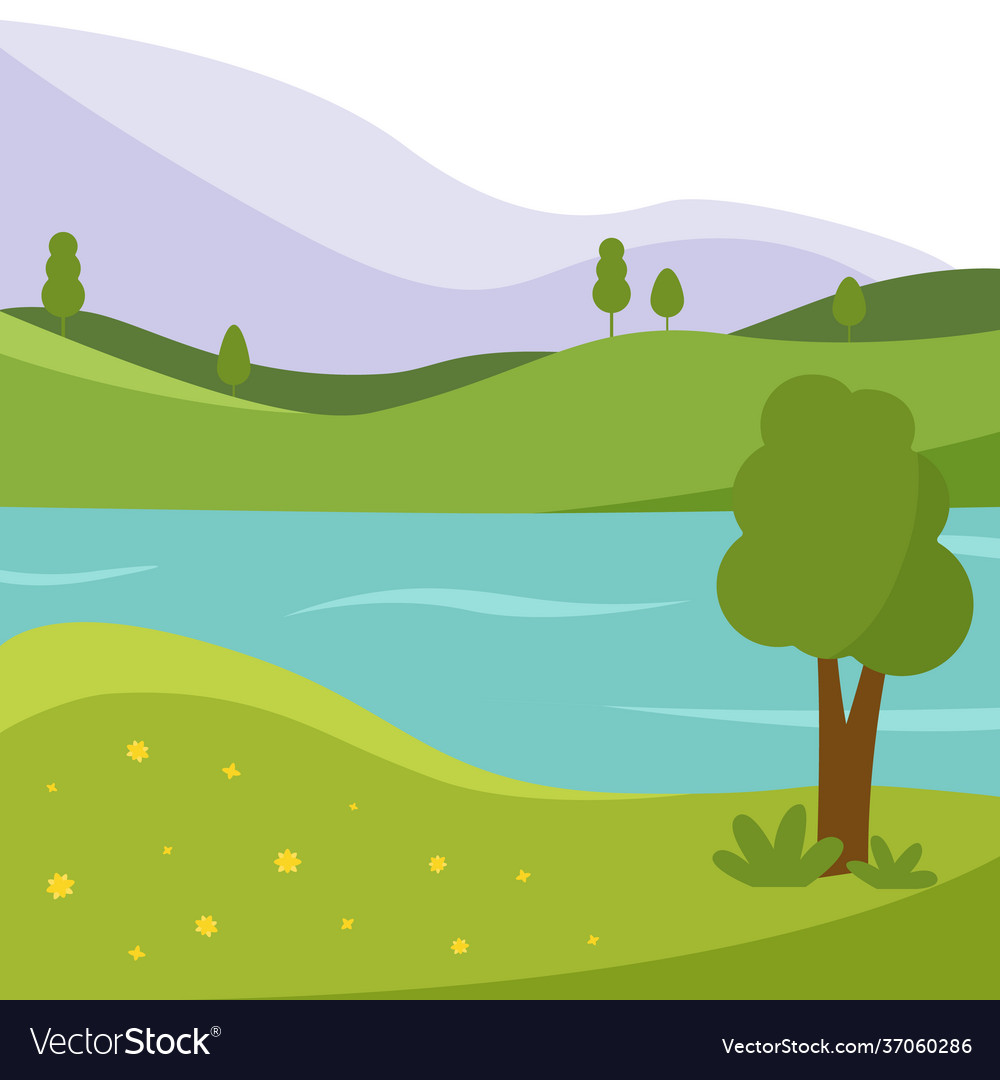 Green landscape with hills trees and lake Vector Image