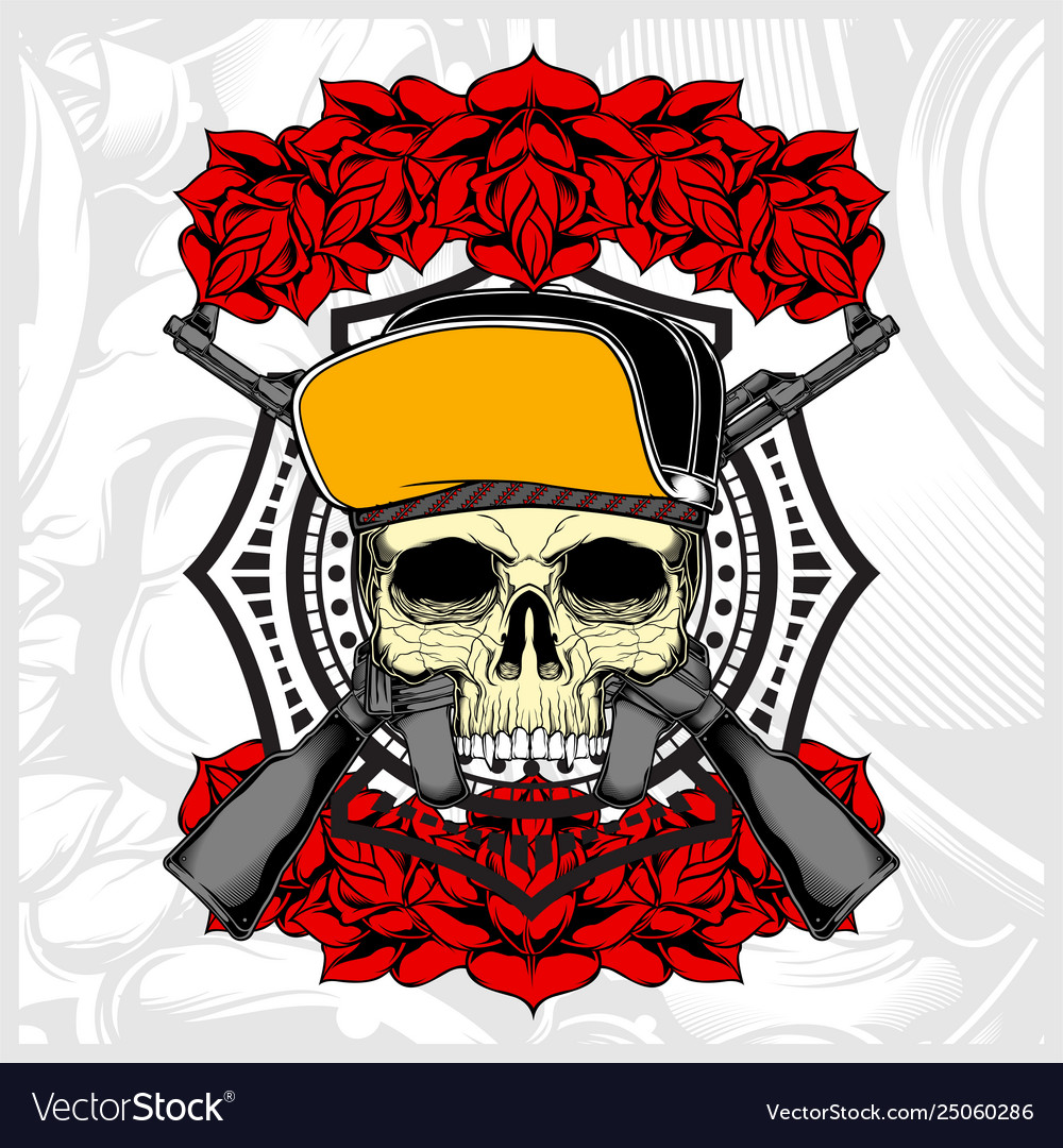 Skull wearing hat and weapon with rose Royalty Free Vector