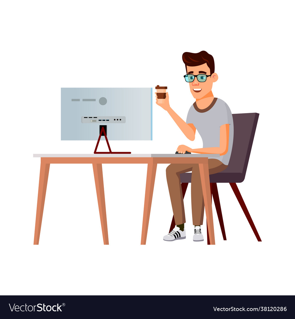 Young man geek working on computer early Vector Image