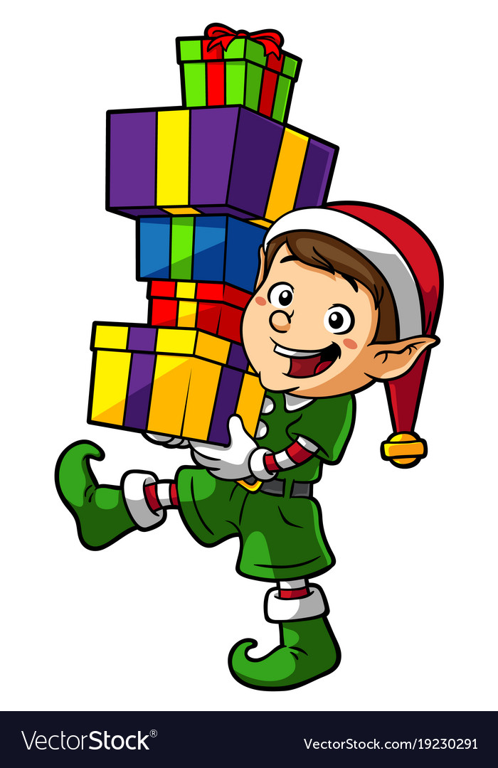 Cartoon elf boy carrying gifts Royalty Free Vector Image