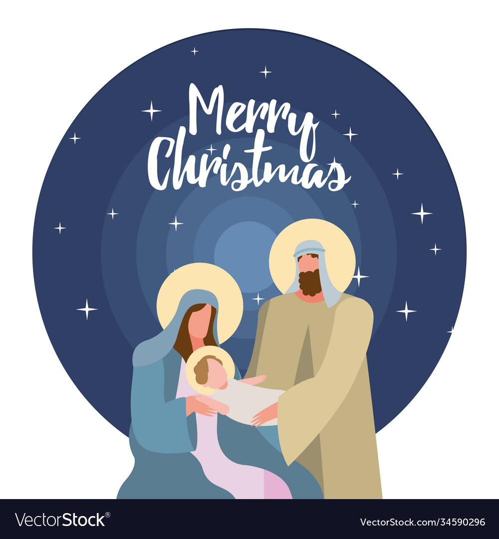 Happy merry christmas lettering with holy family Vector Image