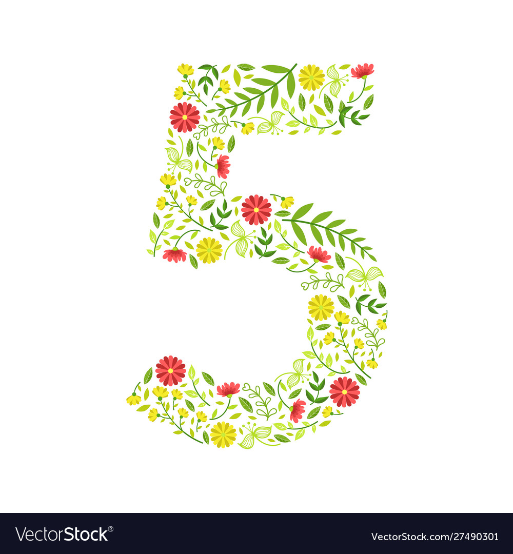 Number 5 green floral made leaves