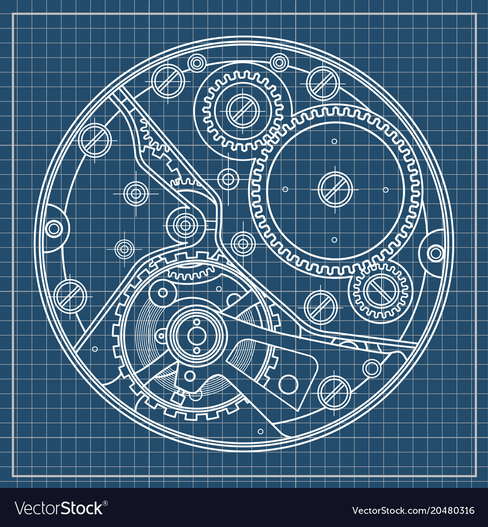 Mechanical watches plan with gears drawing of the Vector Image