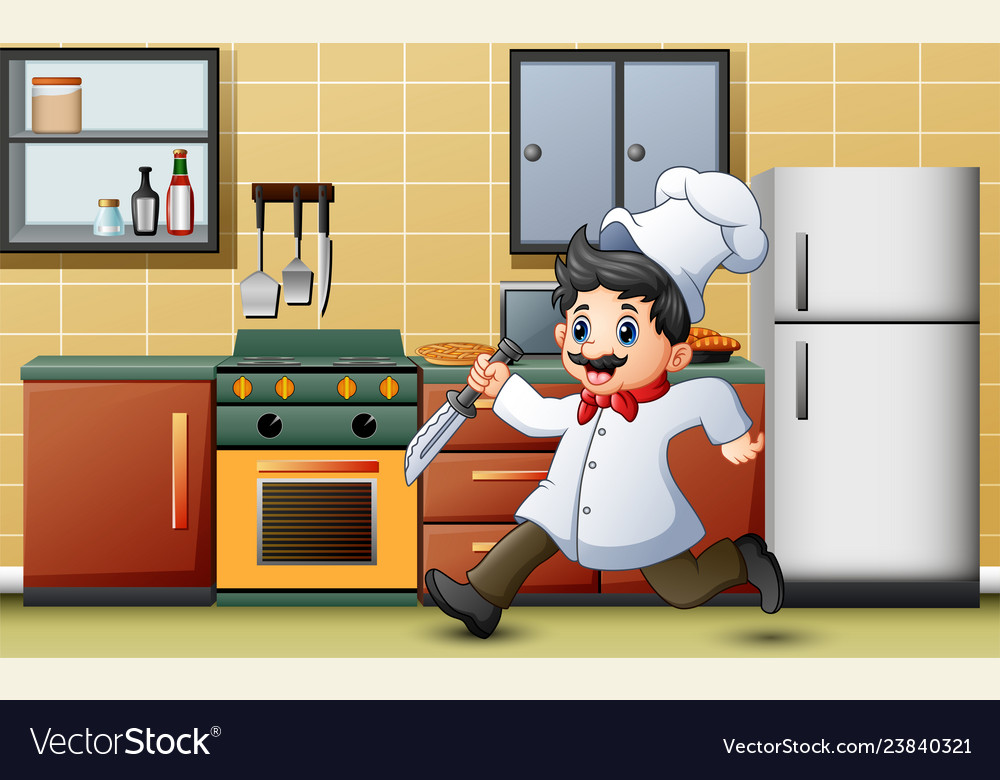 Cartoon chef running with a knife in the kitchen Vector Image