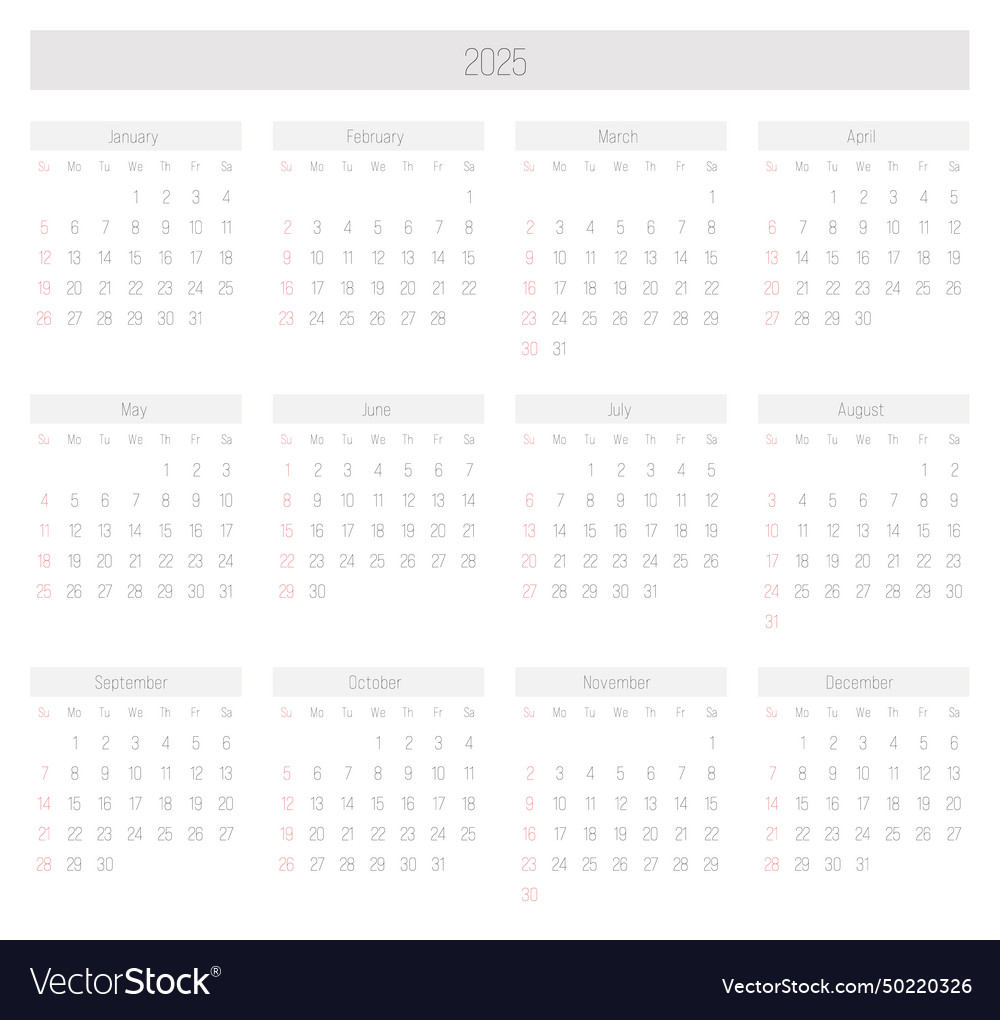 Monthly calendar of year 2025