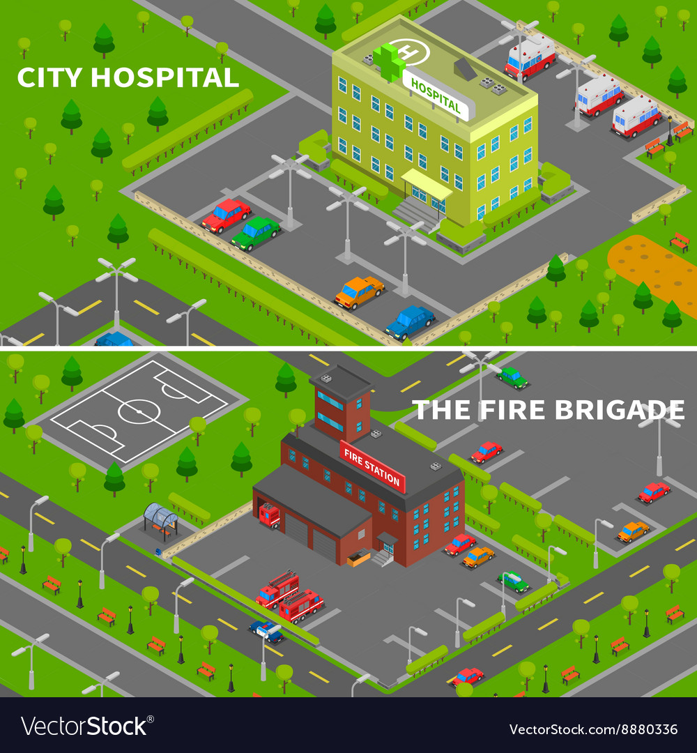 Hospital and fire station isometric banners Vector Image