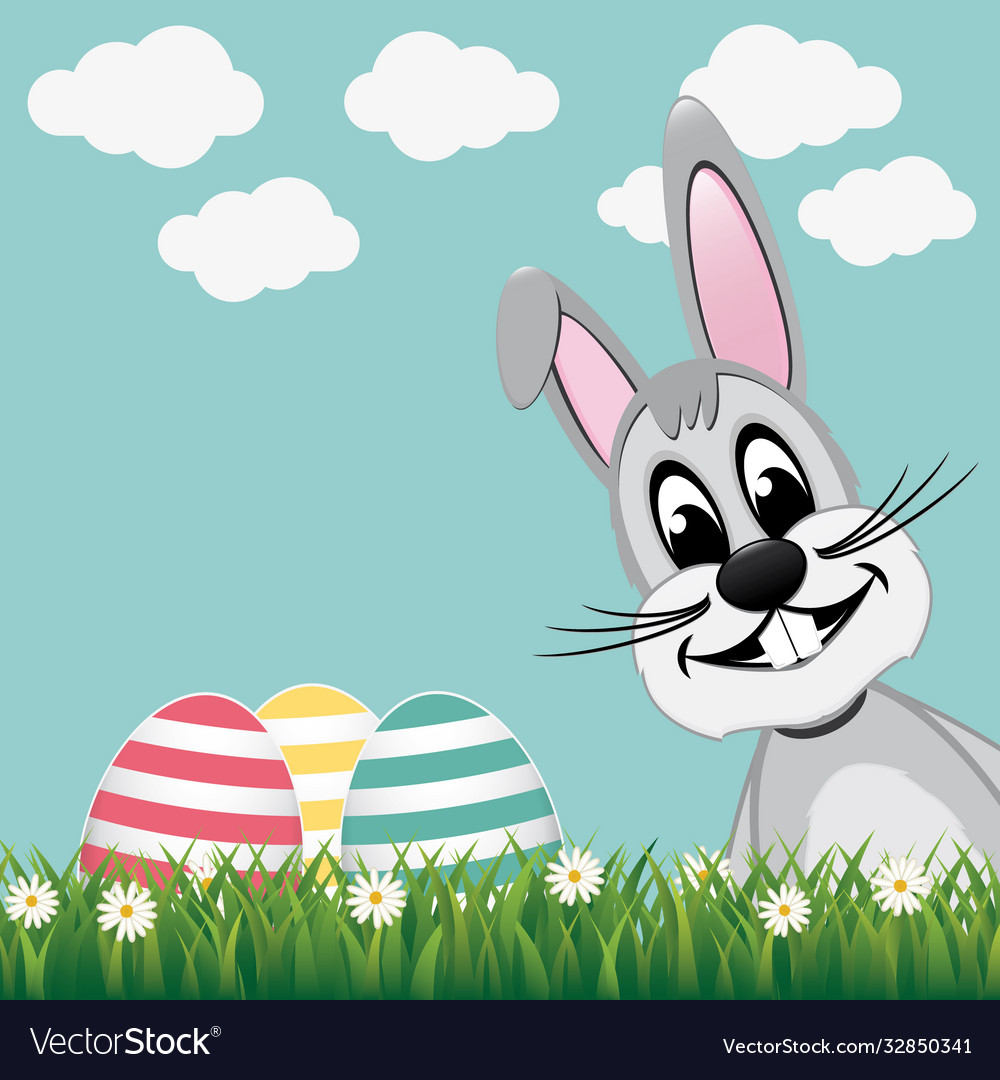 Gray bunny side colorful eggs daisy meadow Vector Image