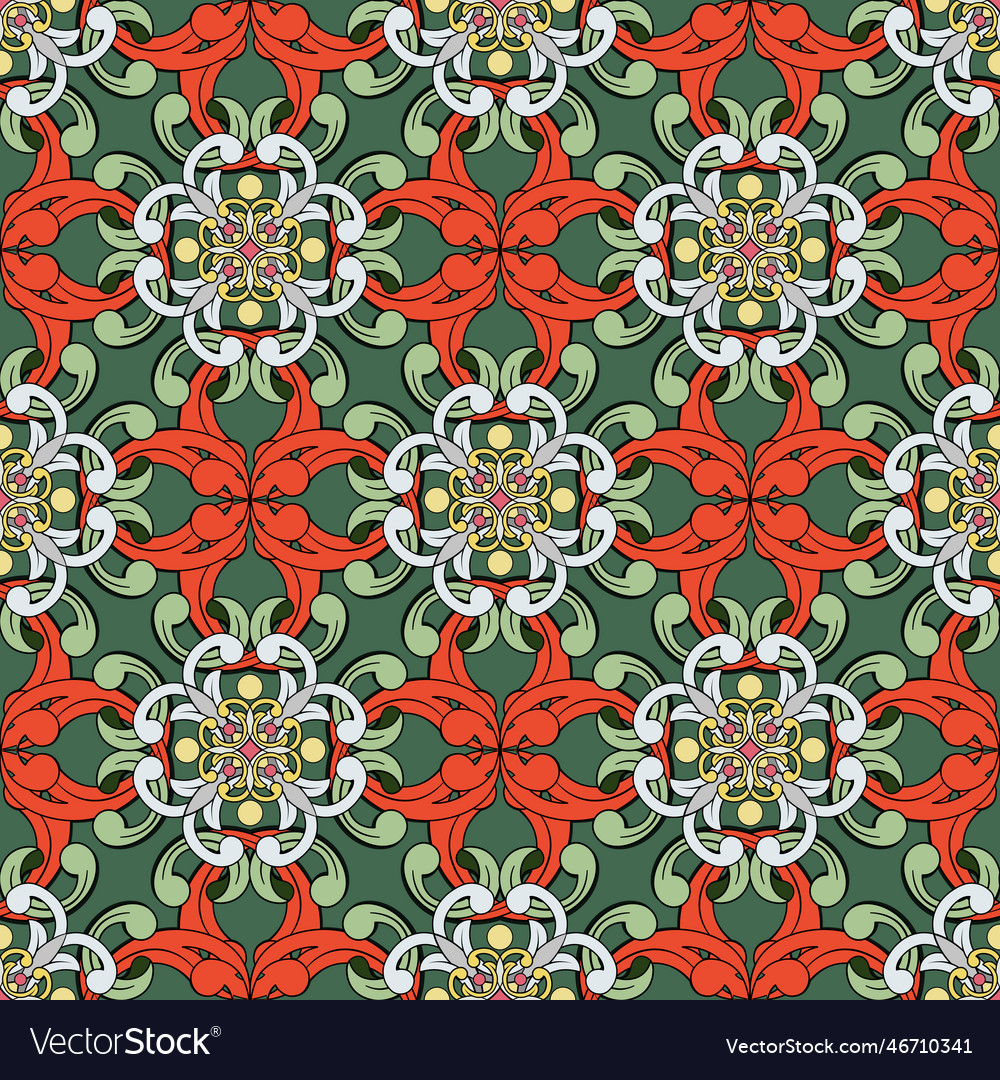 Luxurious damask in red and green shades Vector Image