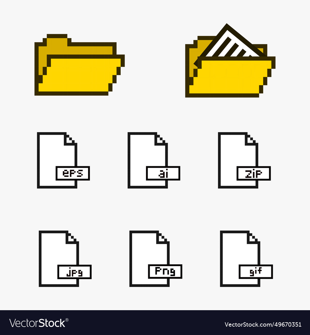 Folder and file icon pixel art set Royalty Free Vector Image