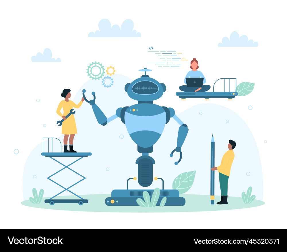 Tech Building Vector With Humans Robot making technology set tiny people building Vector Image