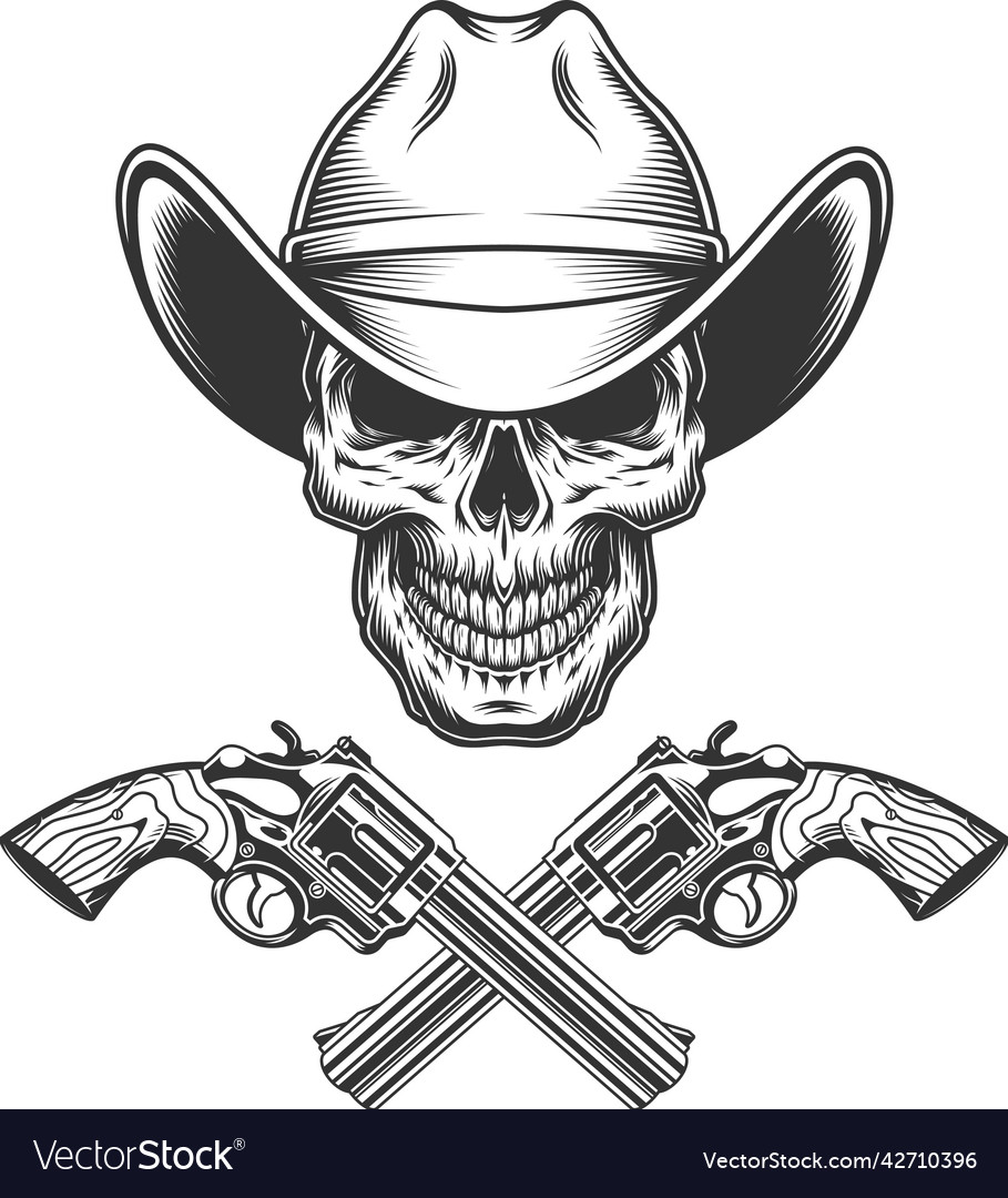 Vintage monochrome skull in cowboy hat Royalty Free Vector