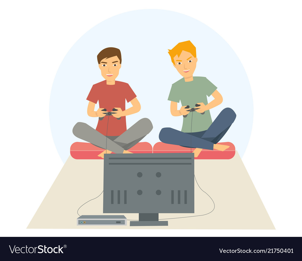 Two guys playing games on his big flat television Vector Image