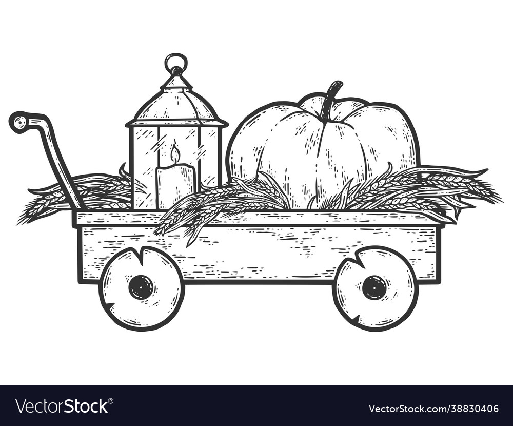 Wooden cart with pumpkins and autumn herbs Vector Image