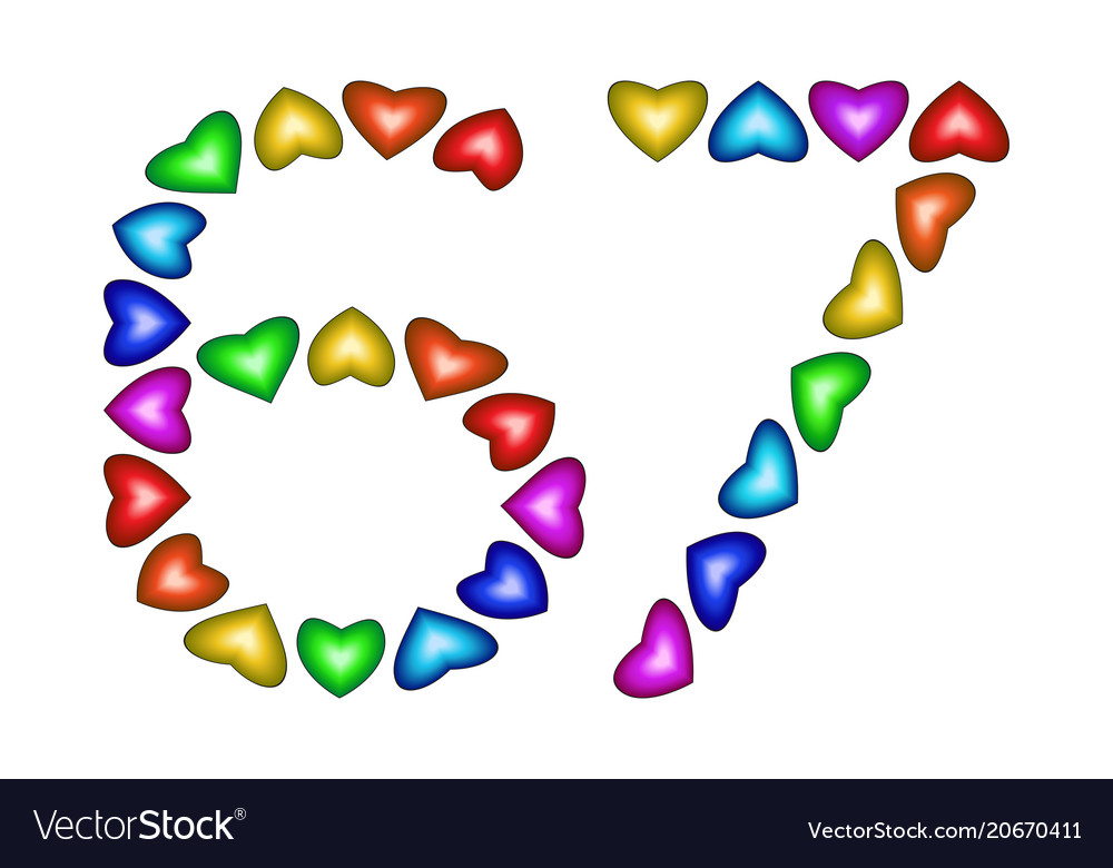 Number 67 sixty seven colorful hearts on white Vector Image