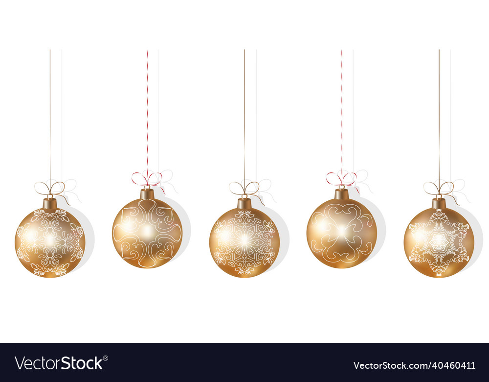 Realistic gold christmas tree balls with a pattern