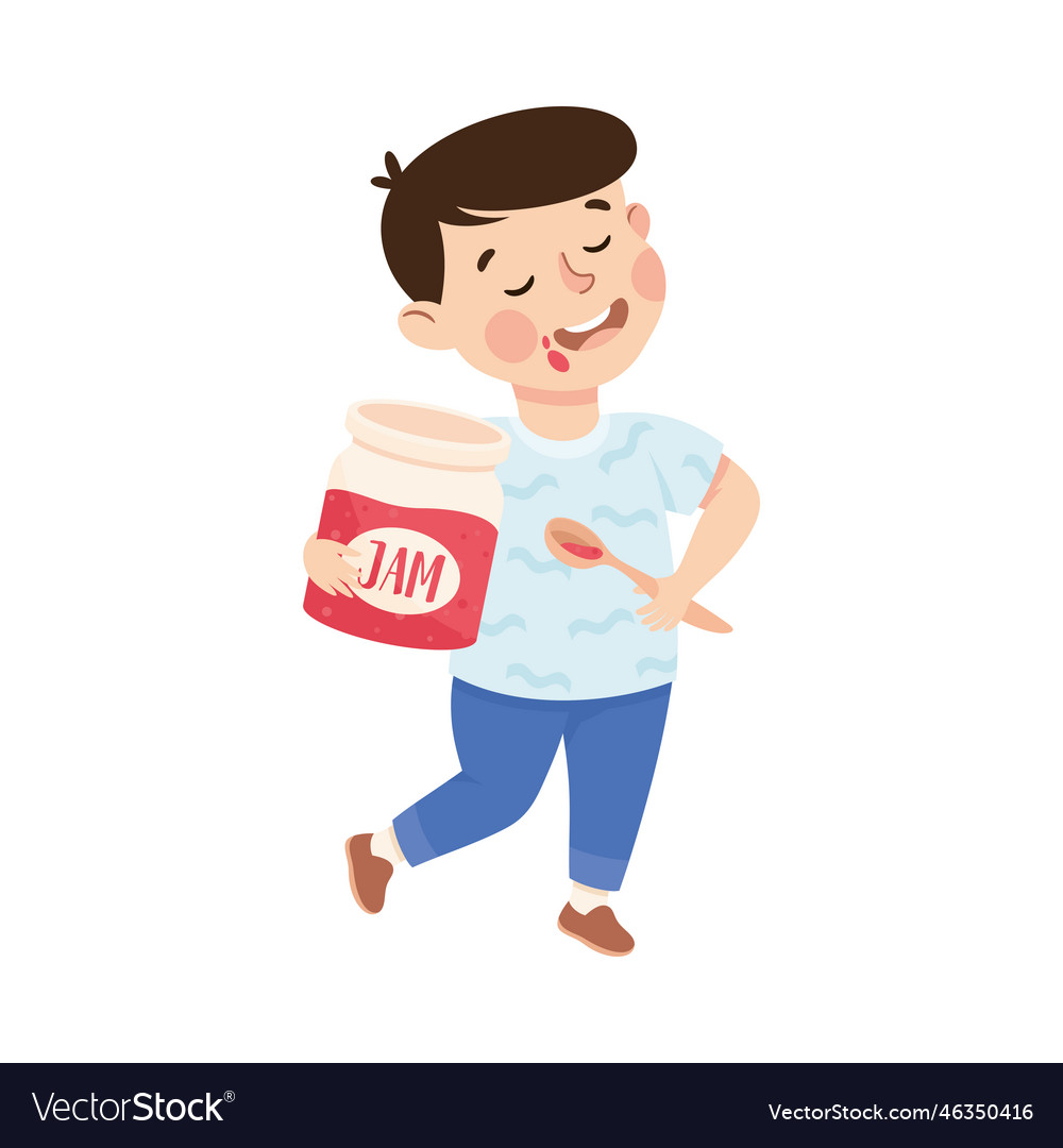 little-boy-eating-sweet-jam-from-jar-with-happy-vector-image