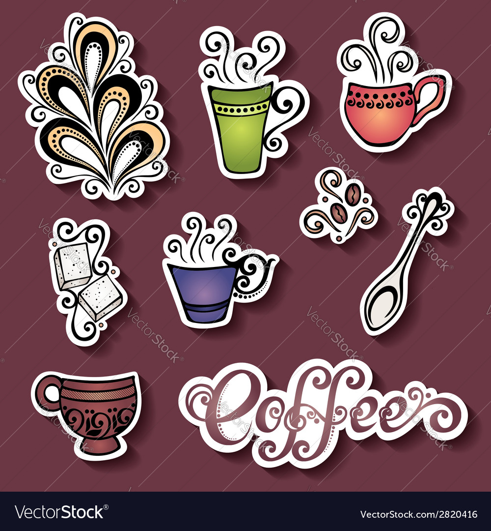 Set stickers with ornamental coffee cups Vector Image