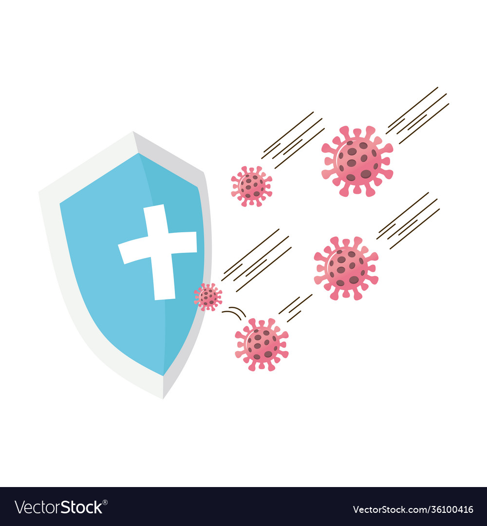 Shield with covid19 virus particles Royalty Free Vector