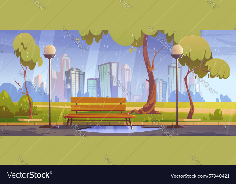 City park with bench at rainy summer weather Vector Image