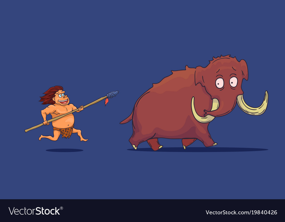 Cartoon Caveman With Spear Hunting Mammoth Vector Image